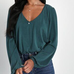 Lulus Chic On Repeat Emerald Green V-neck Long Sleeve Bodysuit - Size L